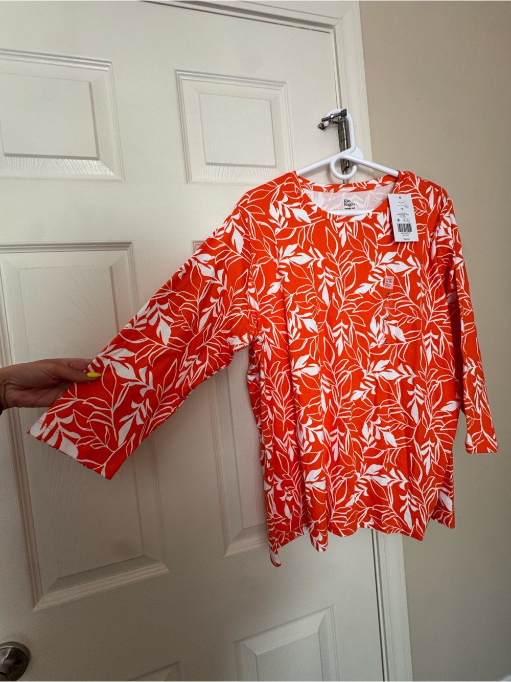 Kim Rogers Plus Size 3/4 Sleeve Printed Shirt Tunic Orange & White 1X - Picture 5 of 6